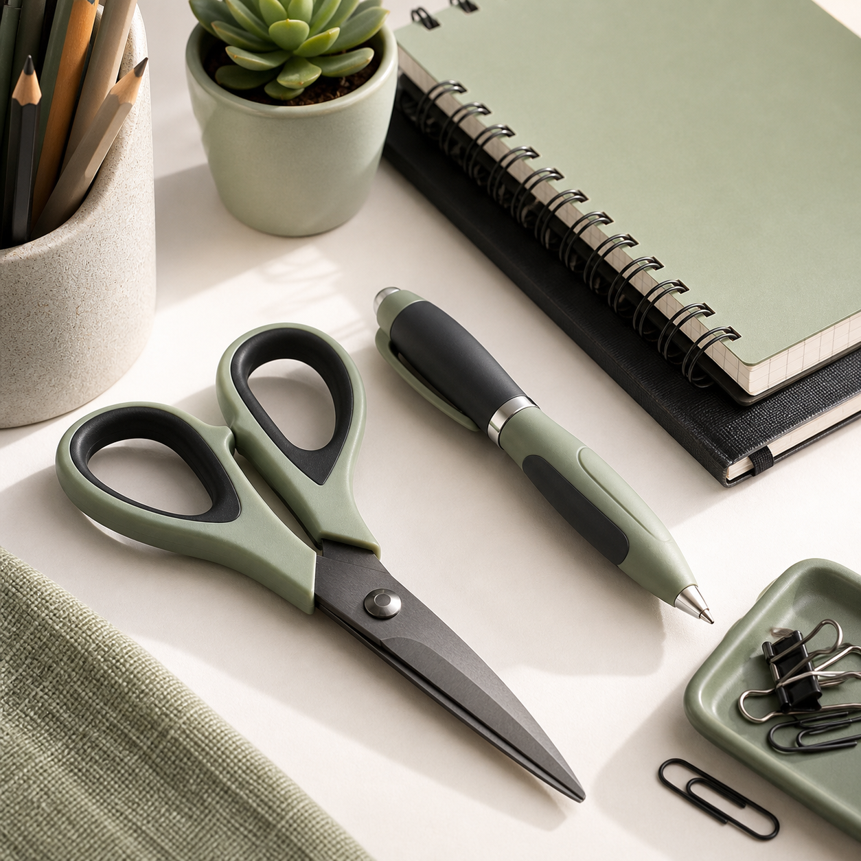 Left-hand friendly scissors and writing tools